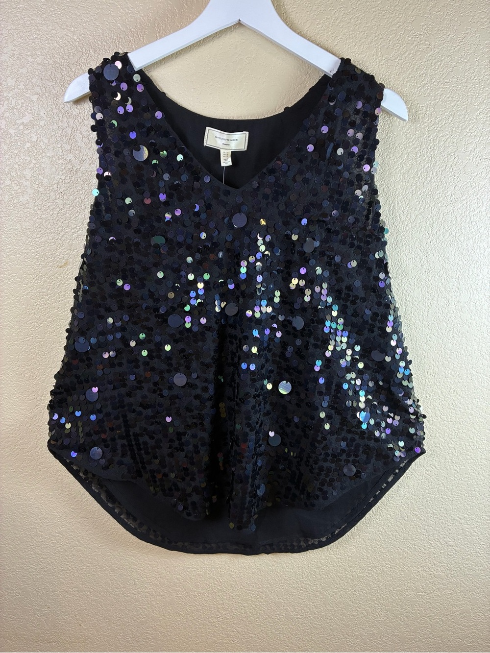 Anthropologie Moulinette Soeurs Black Iridescent Sequin V-Neck Tank Size 14